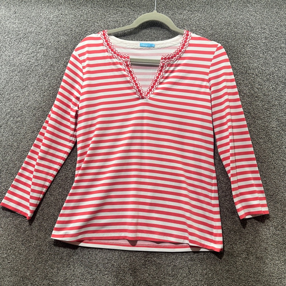J.McLaughlin Catalina Cloth Top Women Small Stripe Coral Split Neck Embroidered